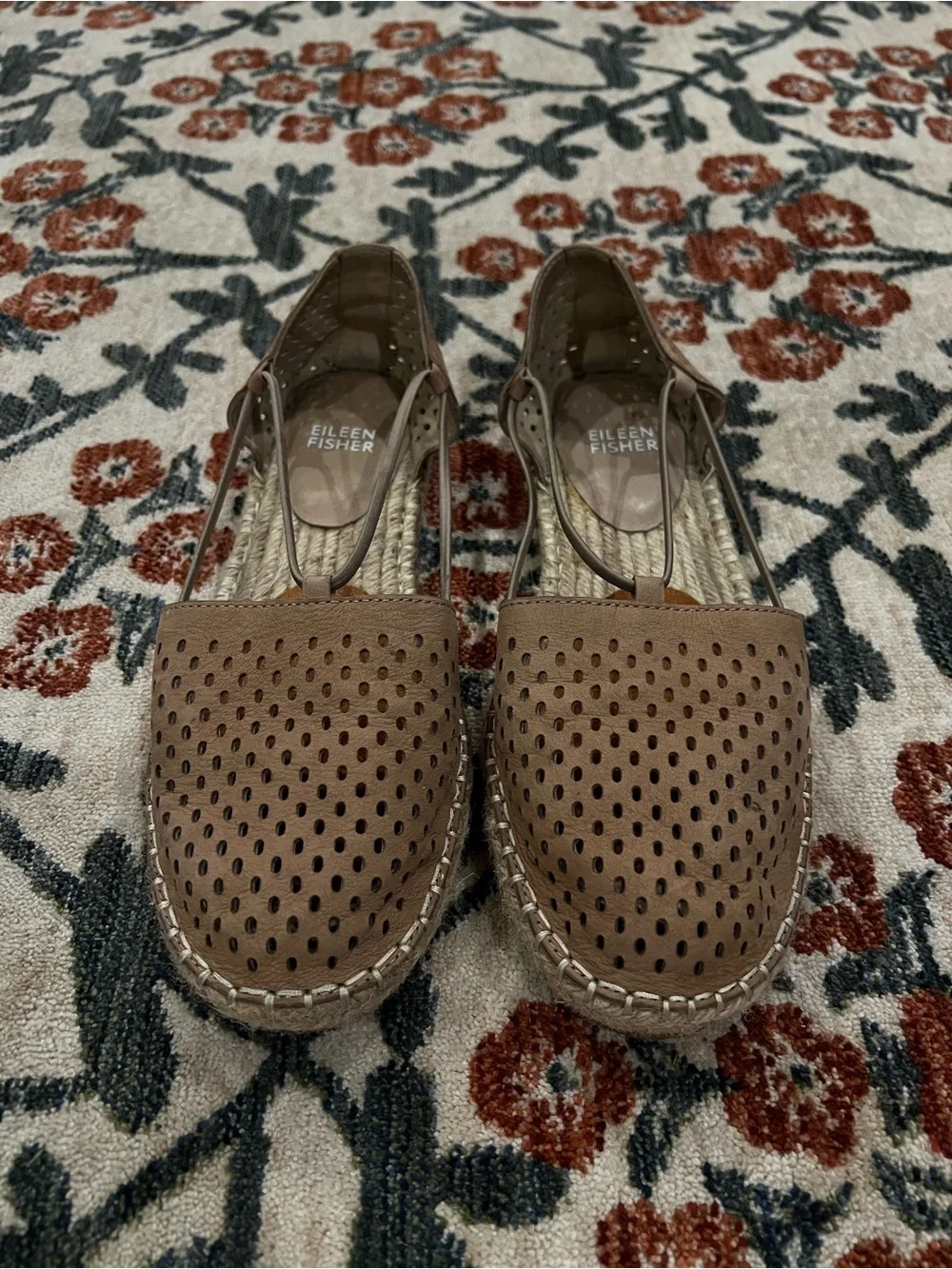 Eileen Fisher Tan Perforated Leather Espadrille Slingback Flats